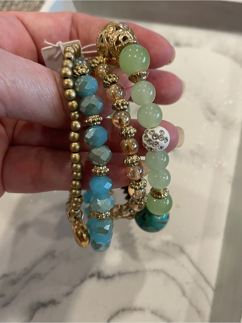Boho Beaded Bracelet Stack Turquoise Stretch Set Green Gold Heart Charm - Picture 3 of 7